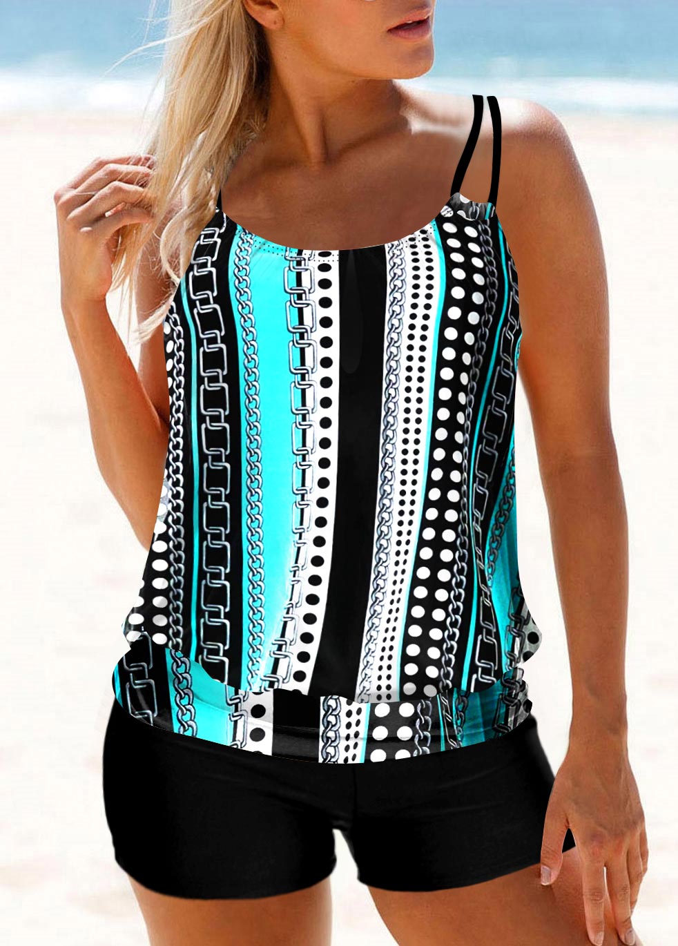 Geometric Print Double Straps White Tankini Top