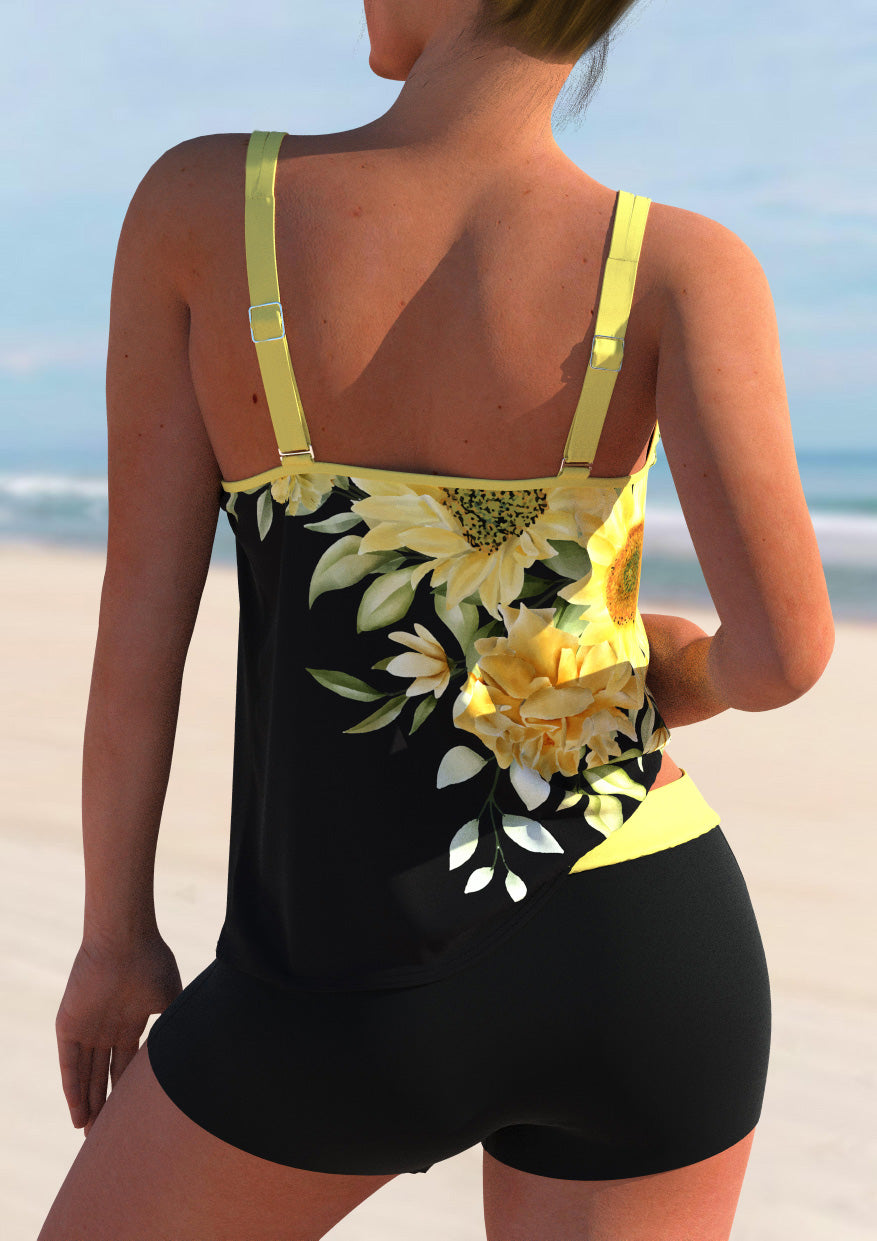 Sunflower Print Yellow Double Straps Tankini Set