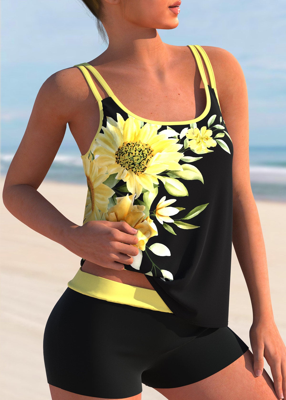 Sunflower Print Yellow Double Straps Tankini Set