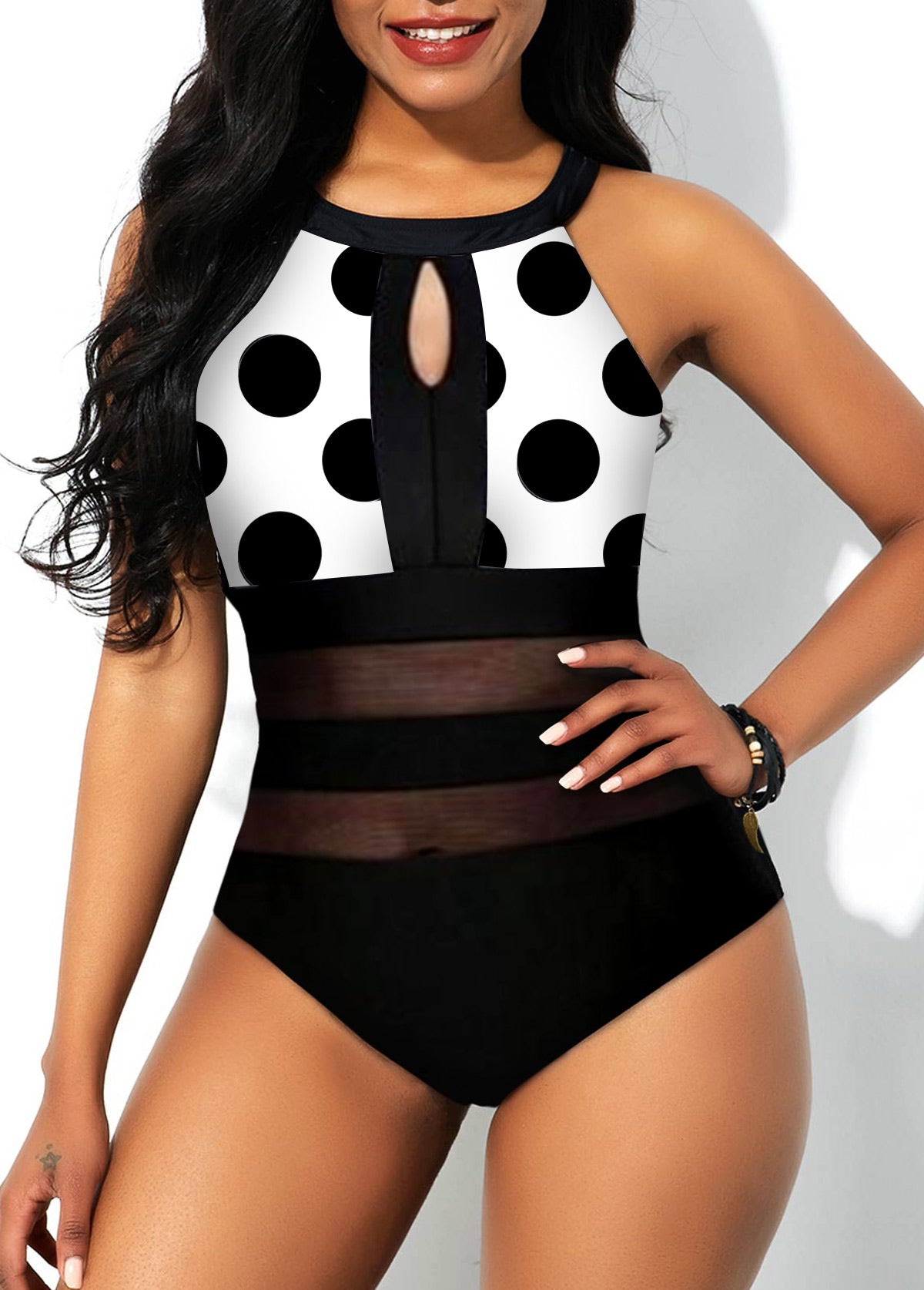 Polka Dot Black Mesh Stitching One Piece Swimwear