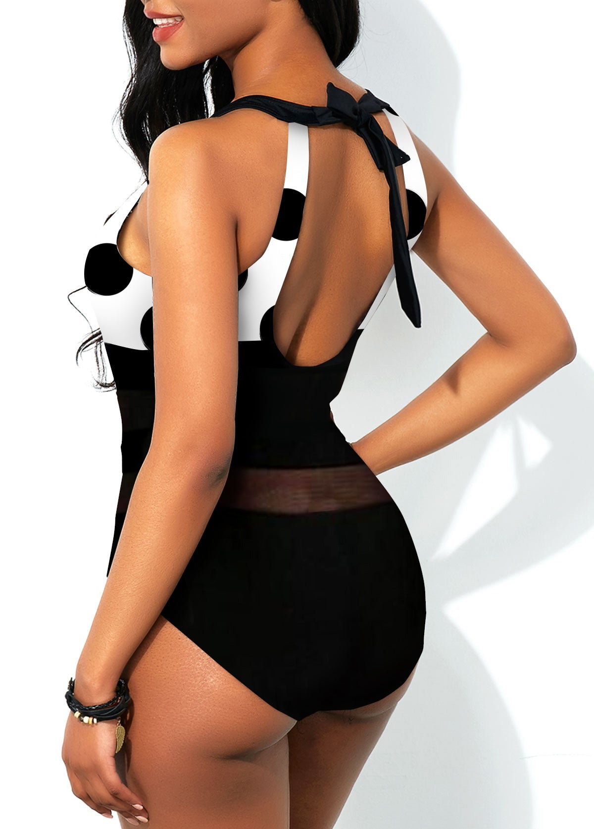 Polka Dot Black Mesh Stitching One Piece Swimwear