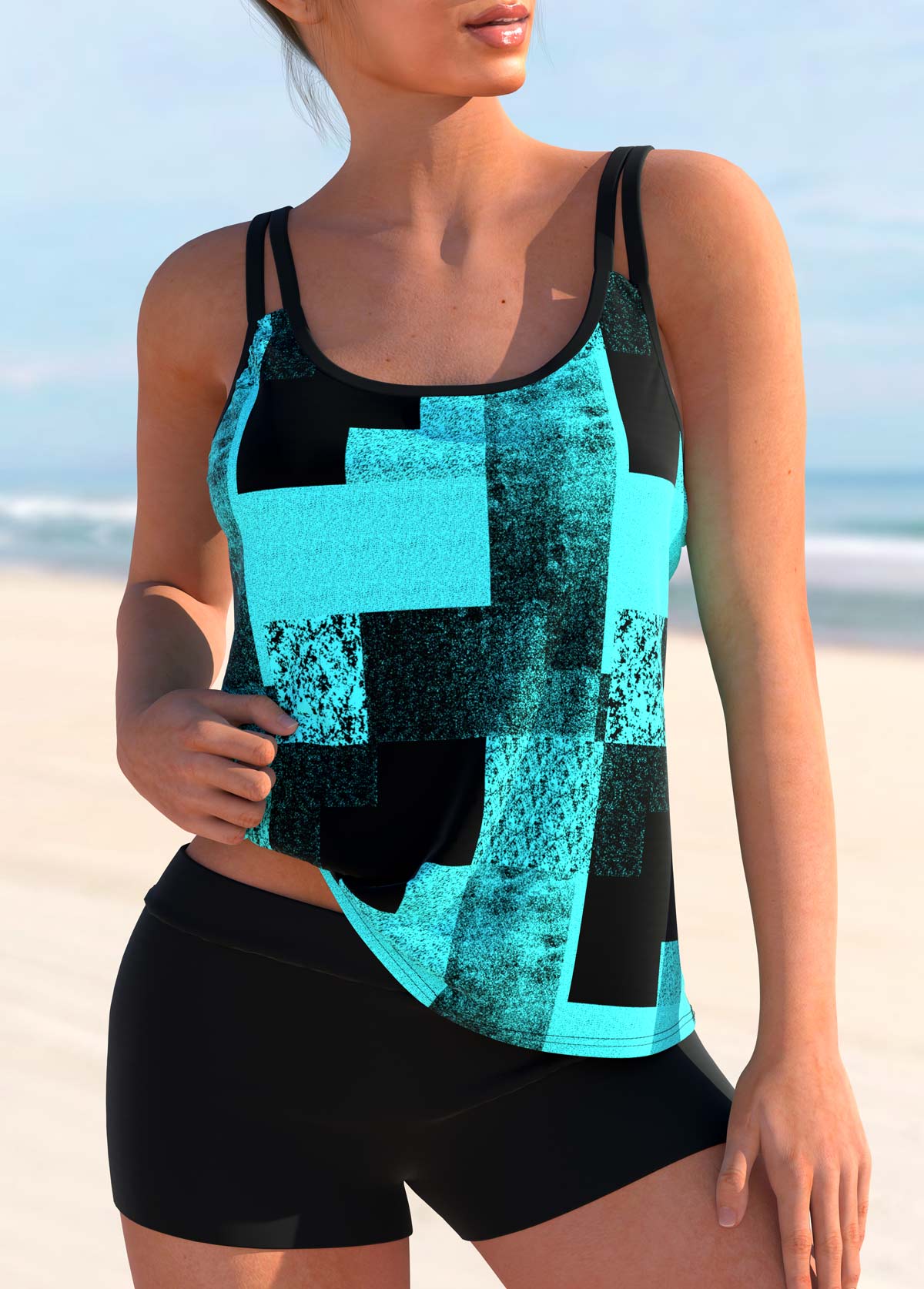 Double Straps Geometric Print Tankini Top