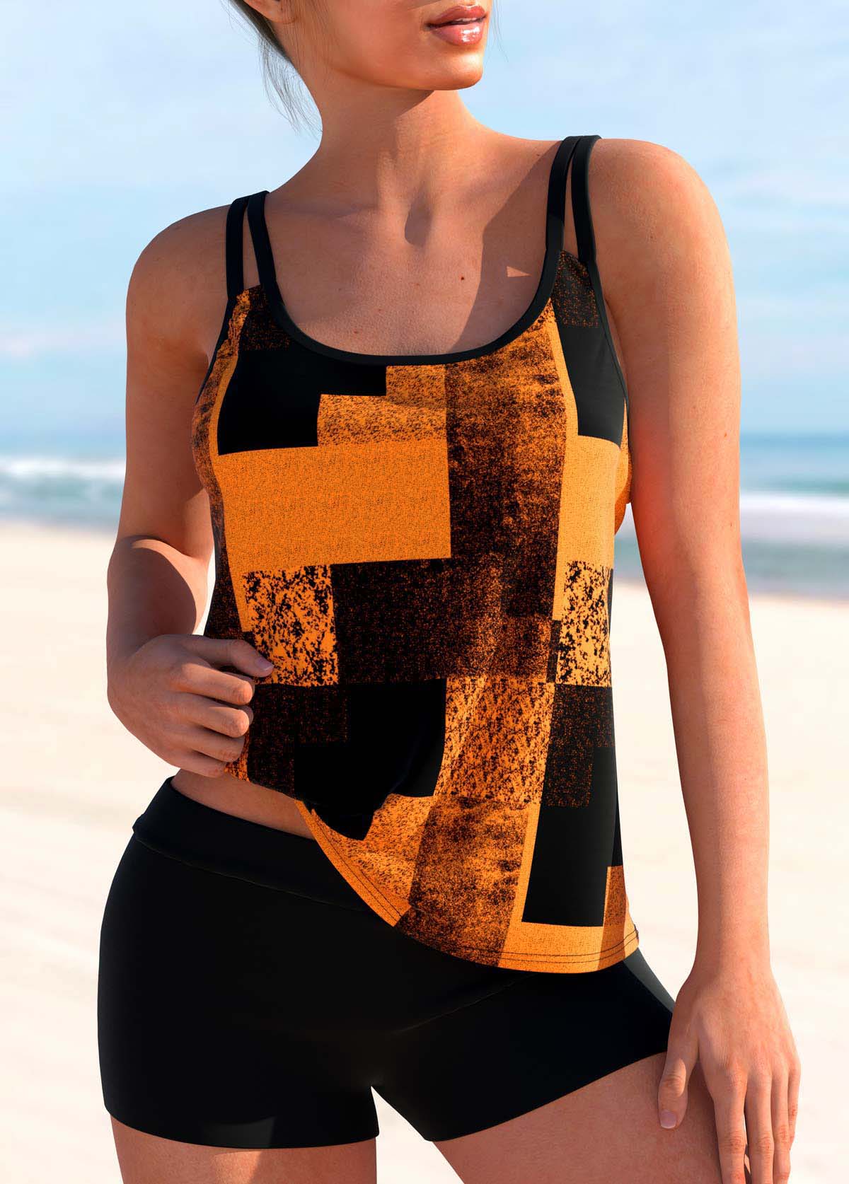 Double Straps Geometric Print Tankini Top