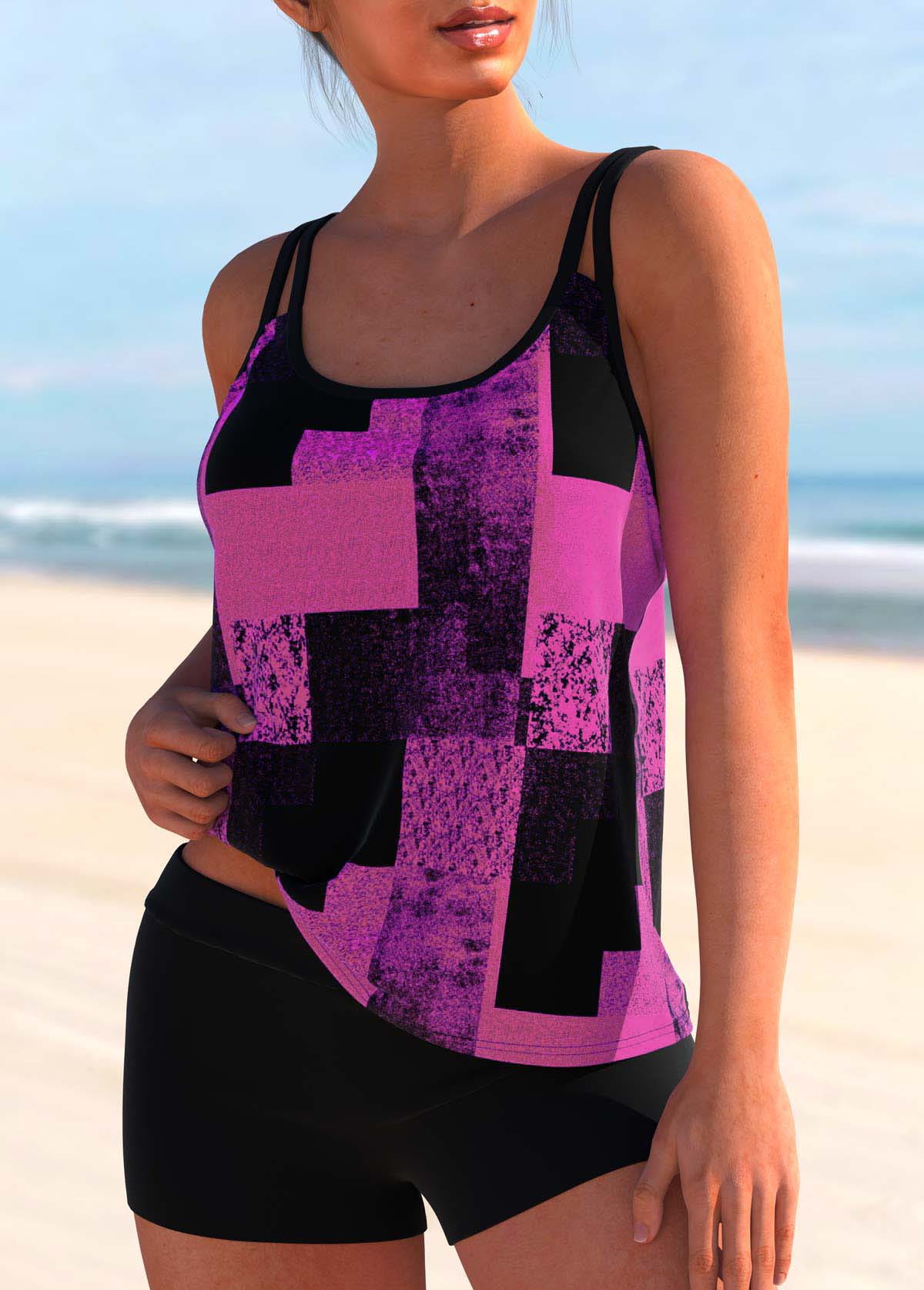 Double Straps Geometric Print Tankini Top