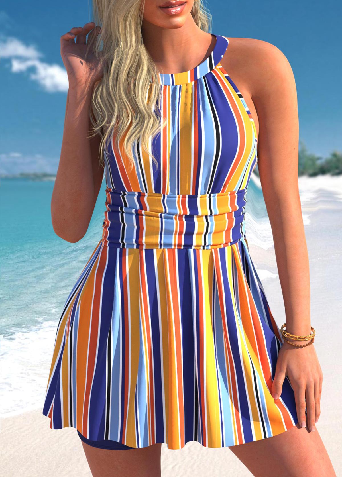 Stripe Print Multi Color Swimdress Top