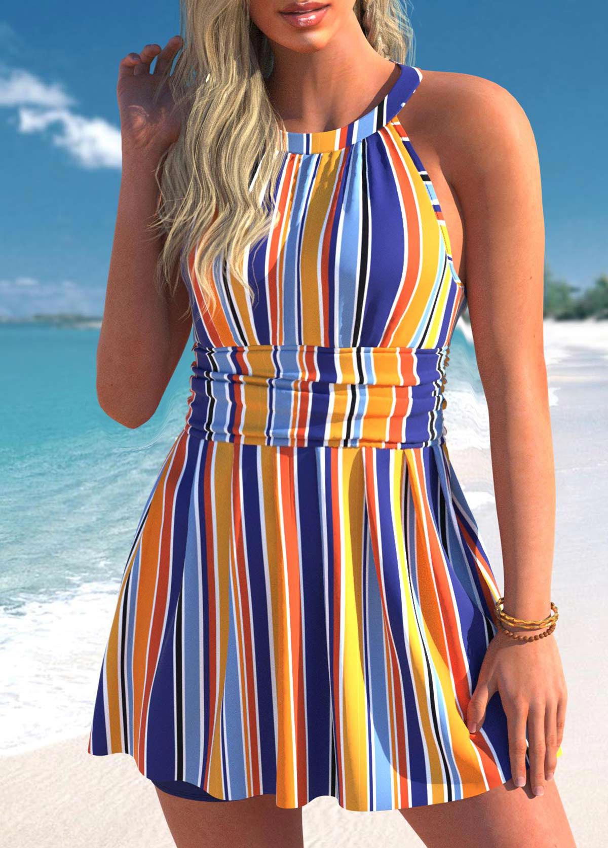 Stripe Print Multi Color Swimdress Top