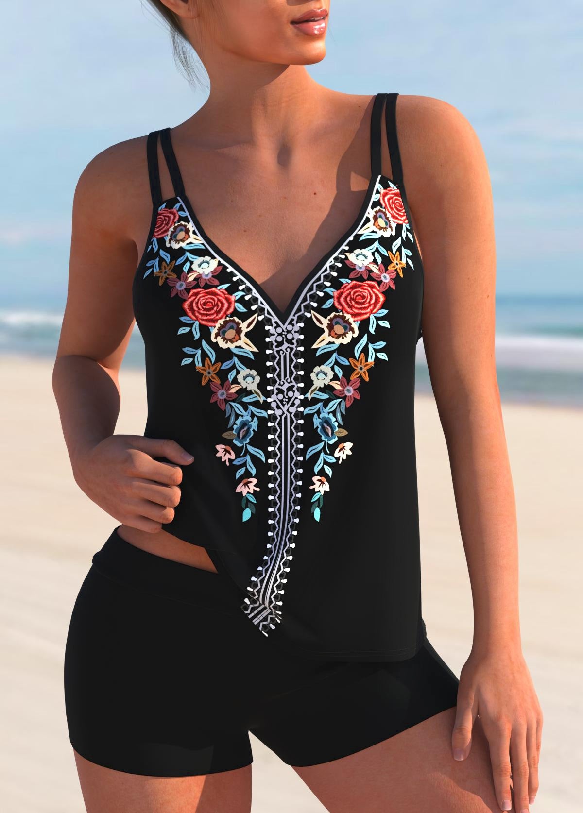 Multi Color Double Straps Tribal Print Tankini Top