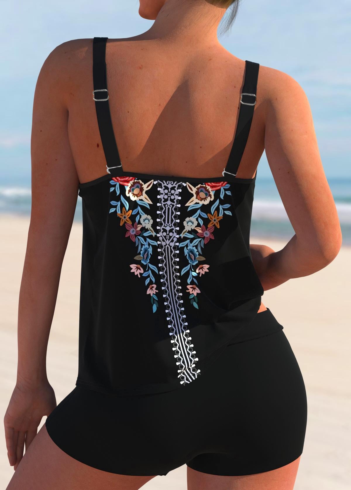 Multi Color Double Straps Tribal Print Tankini Top