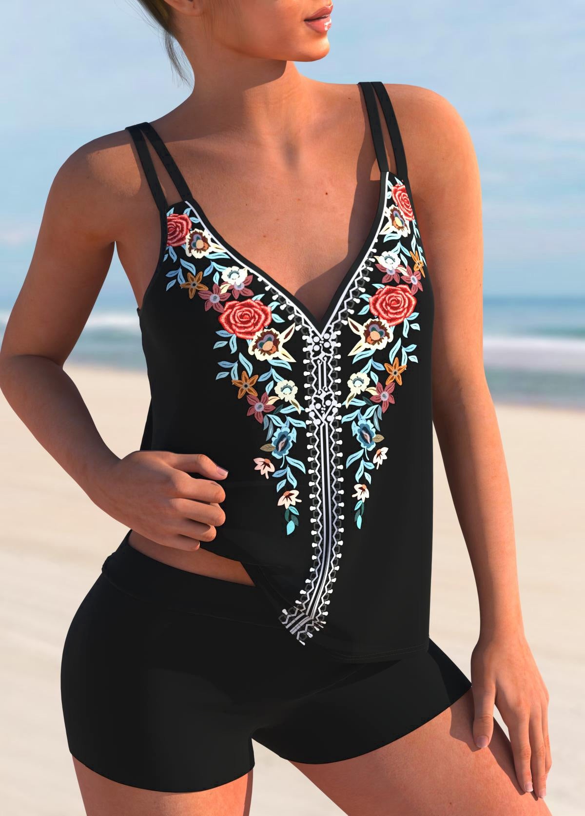 Multi Color Double Straps Tribal Print Tankini Top