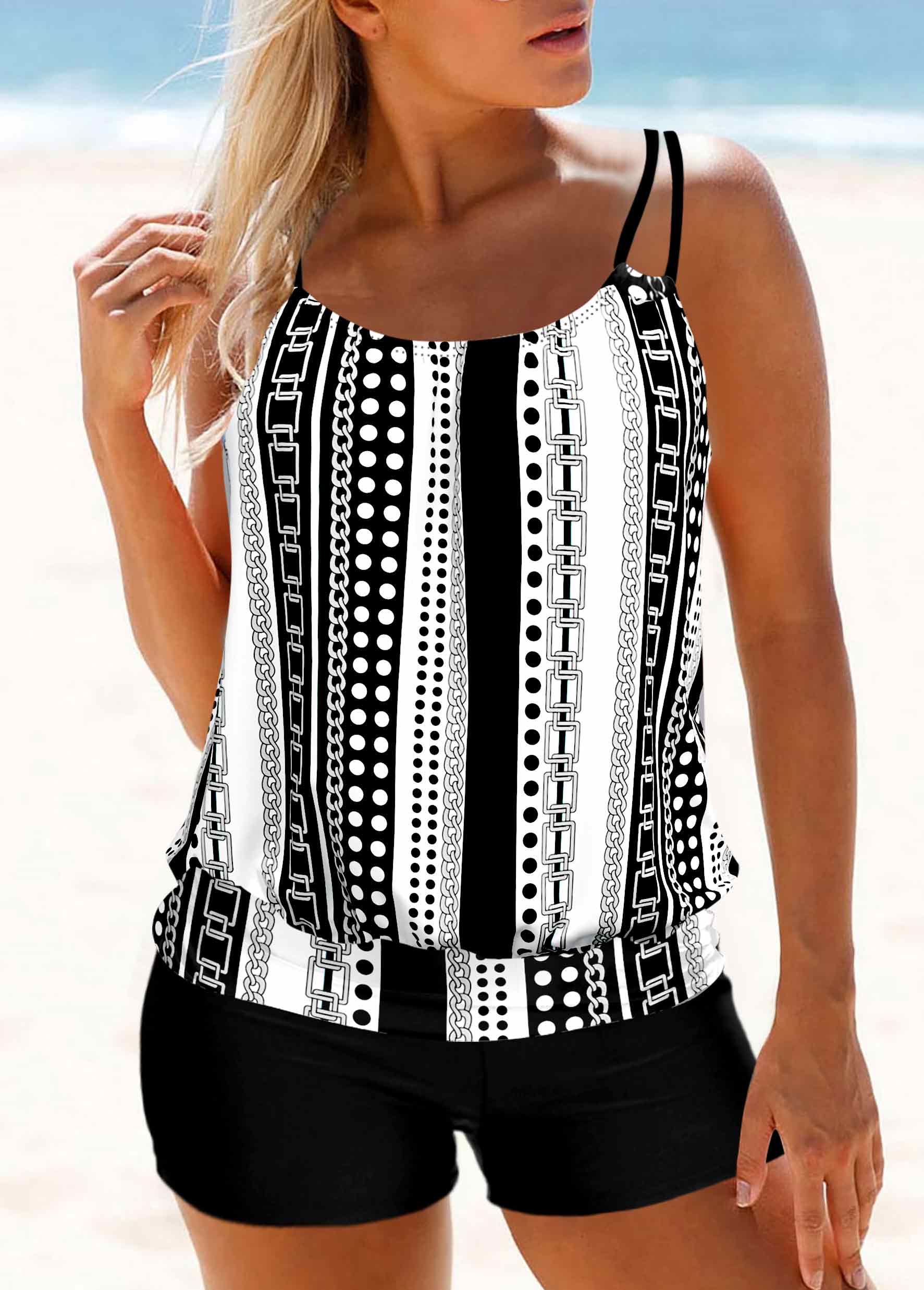 Geometric Print Double Straps White Tankini Top