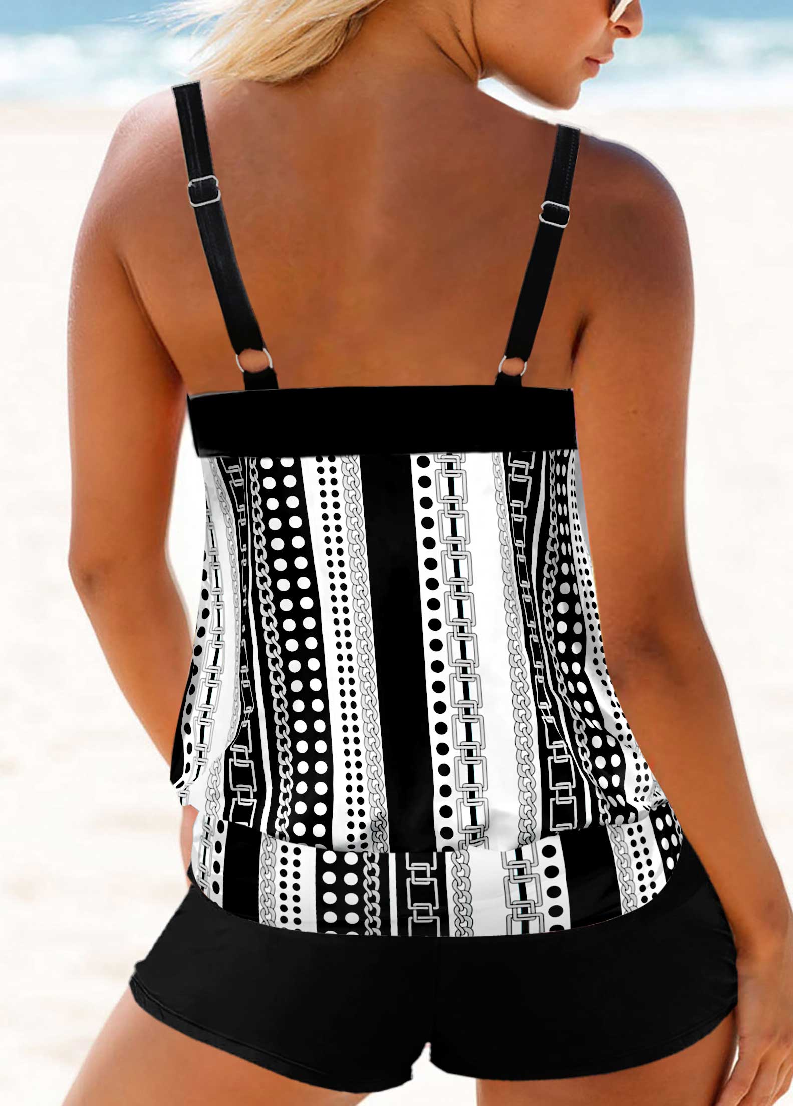 Geometric Print Double Straps White Tankini Top