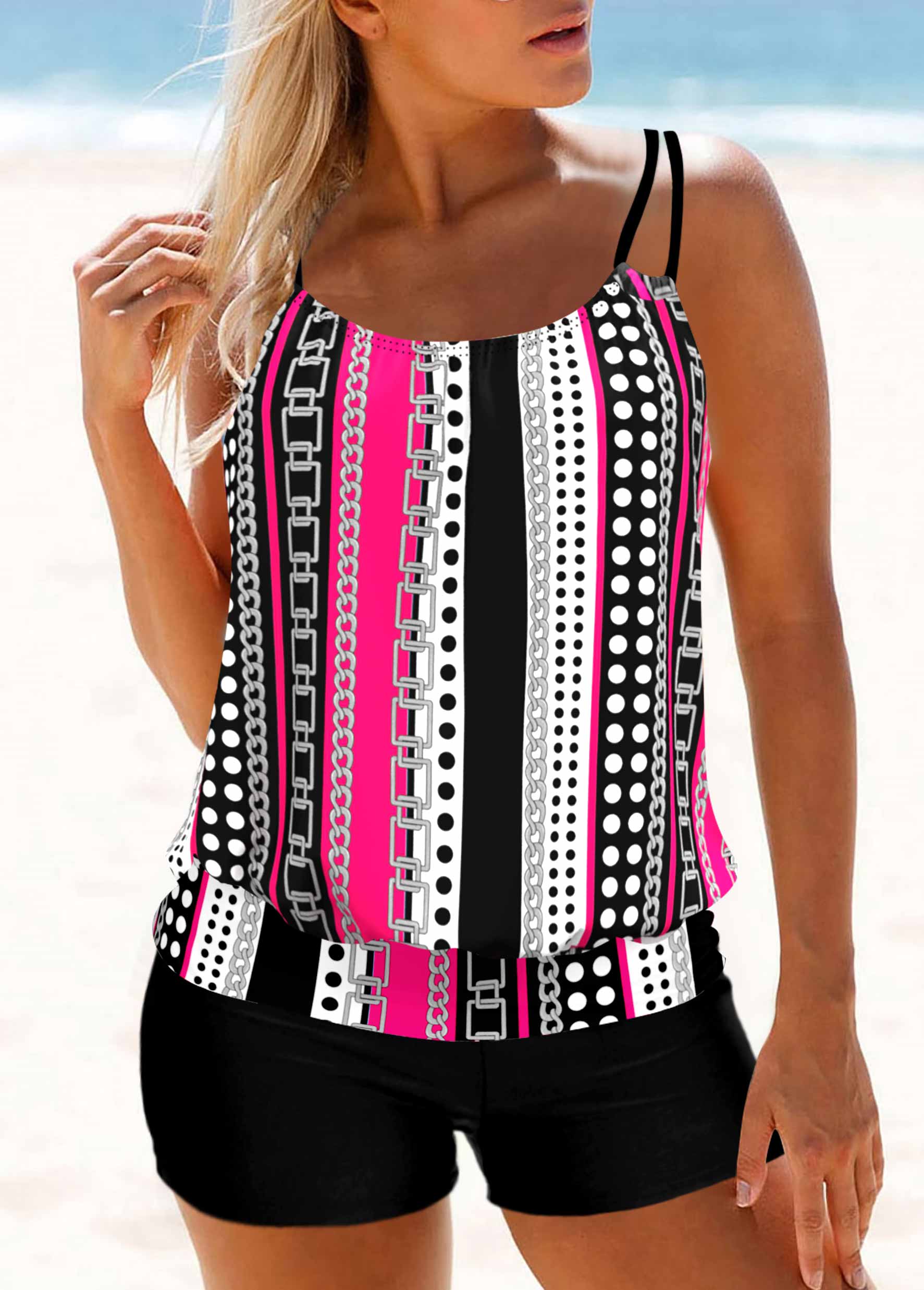 Geometric Print Double Straps White Tankini Top