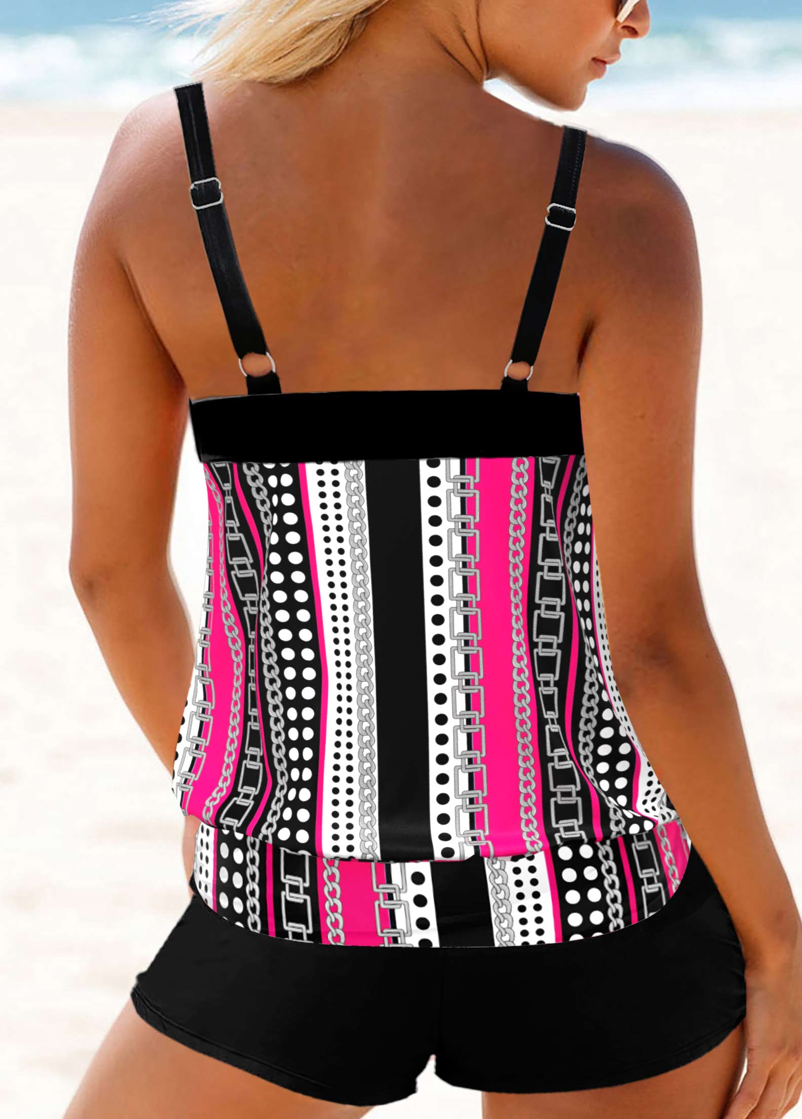 Geometric Print Double Straps White Tankini Top