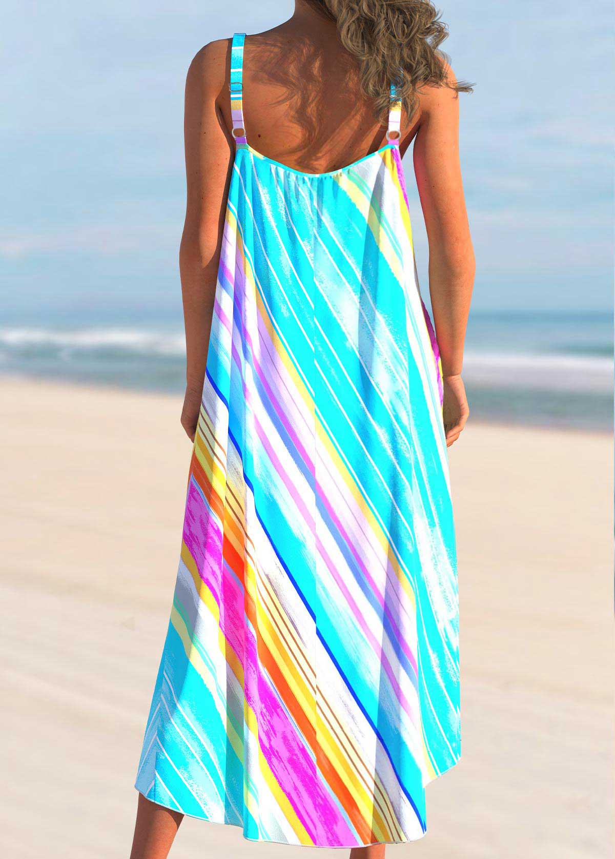 Rainbow Color Wide Strap Striped Cover Up Dress