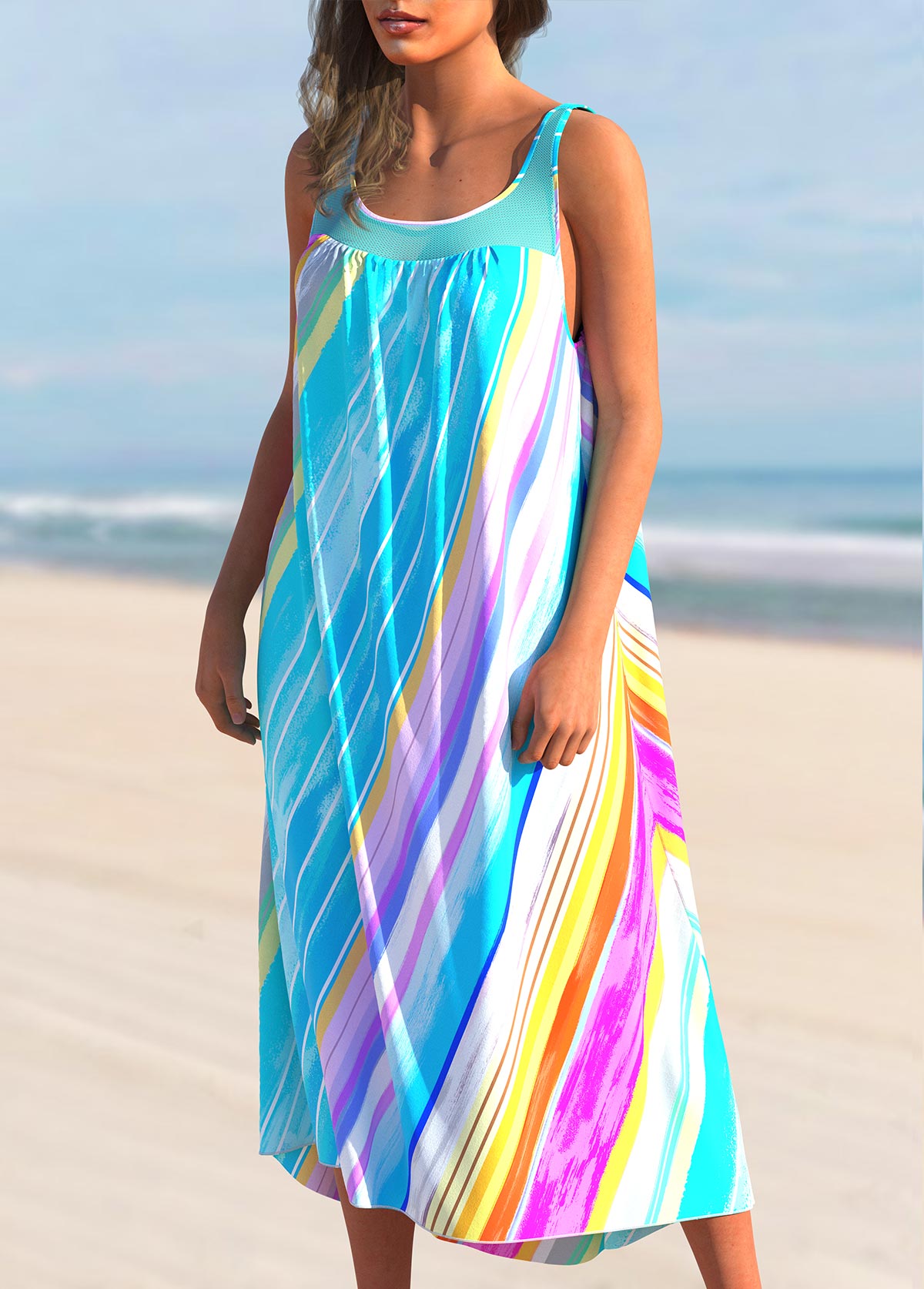 Rainbow Color Wide Strap Striped Cover Up Dress