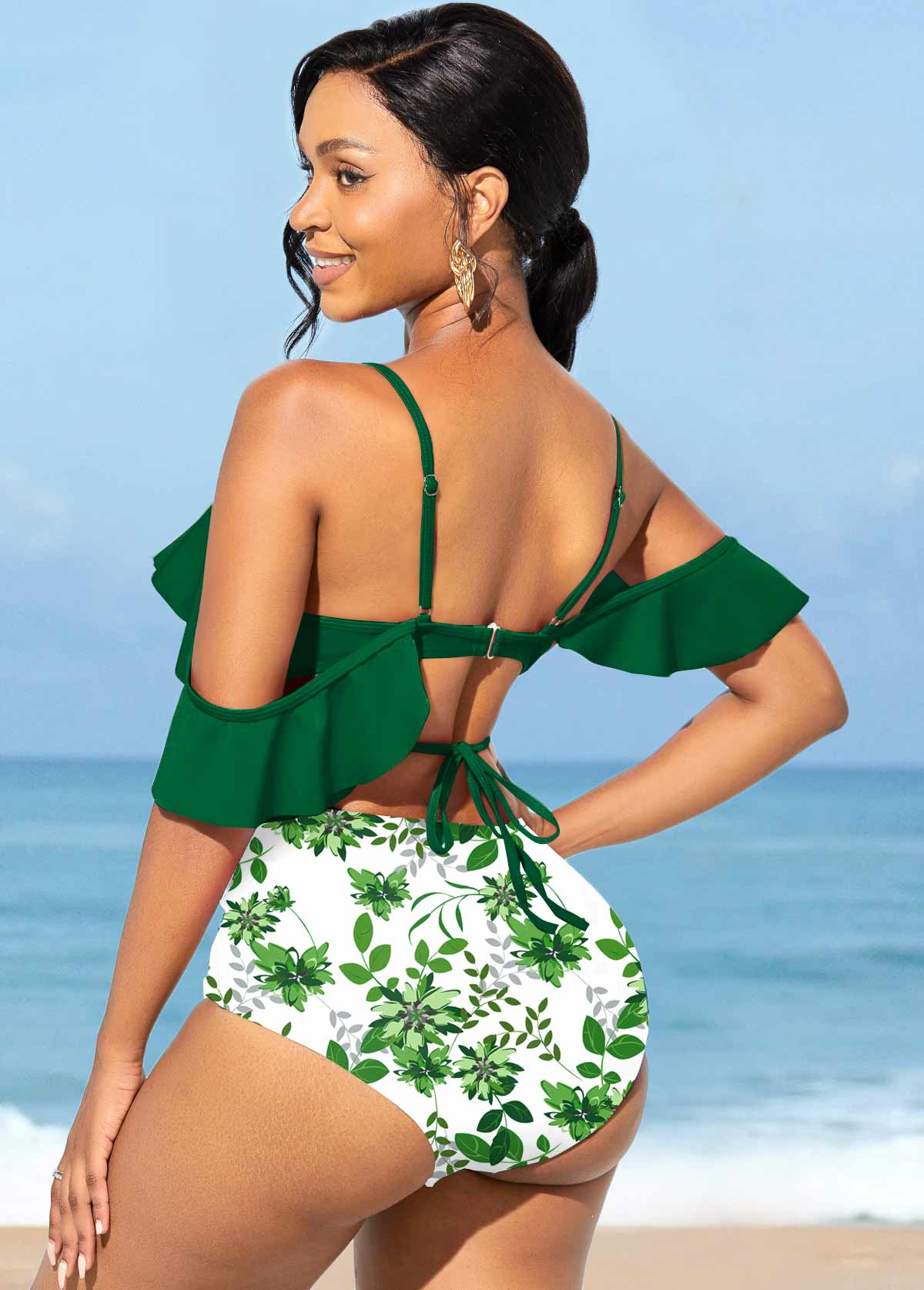 Leaf Print Flounce High Waisted Bikini Set