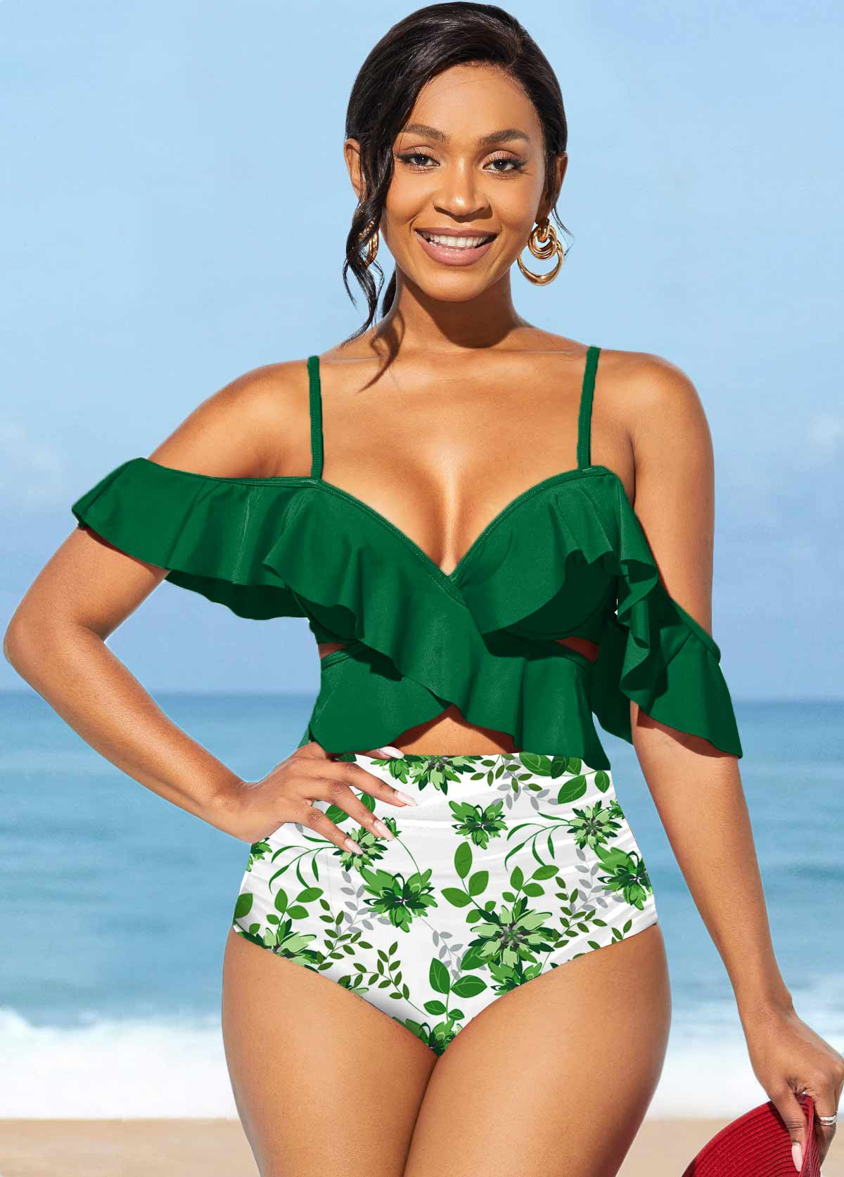 Leaf Print Flounce High Waisted Bikini Set