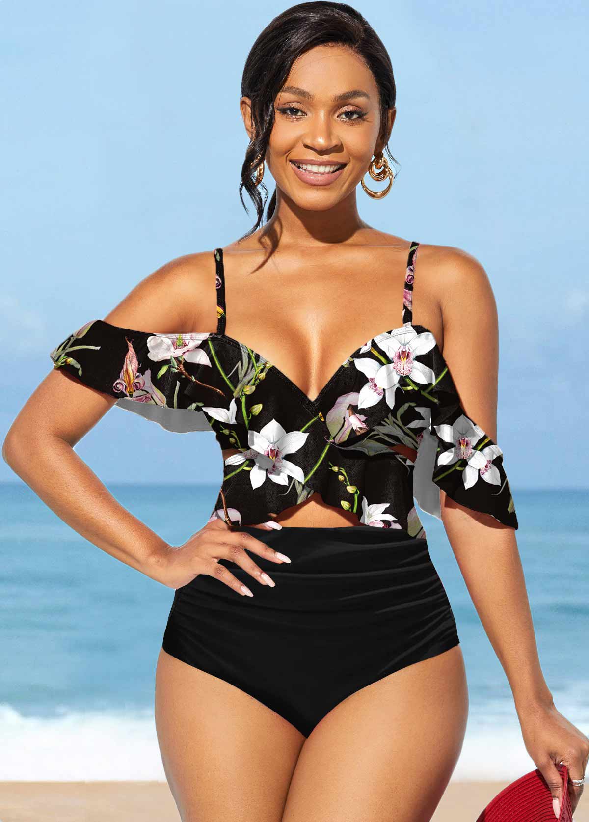 Leaf Print Flounce High Waisted Bikini Set