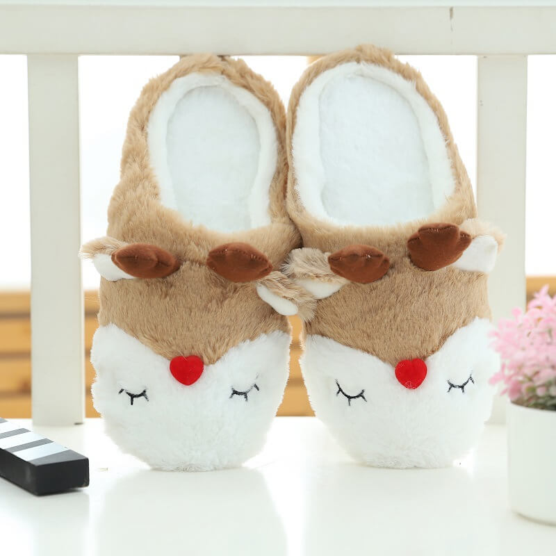 Cute Embroidered Christmas Moose Plush Indoor Home Women's Slippers