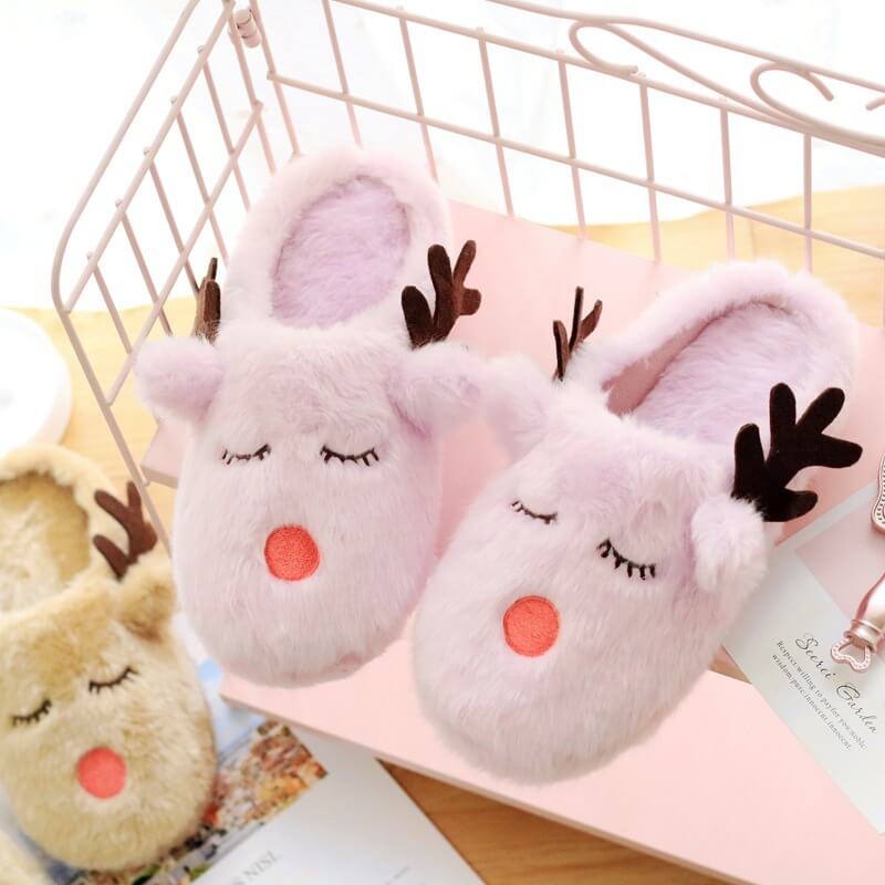 Christmas Cartoon Elk Plush Slippers Package, Thick Bottom Non-slip Slippers