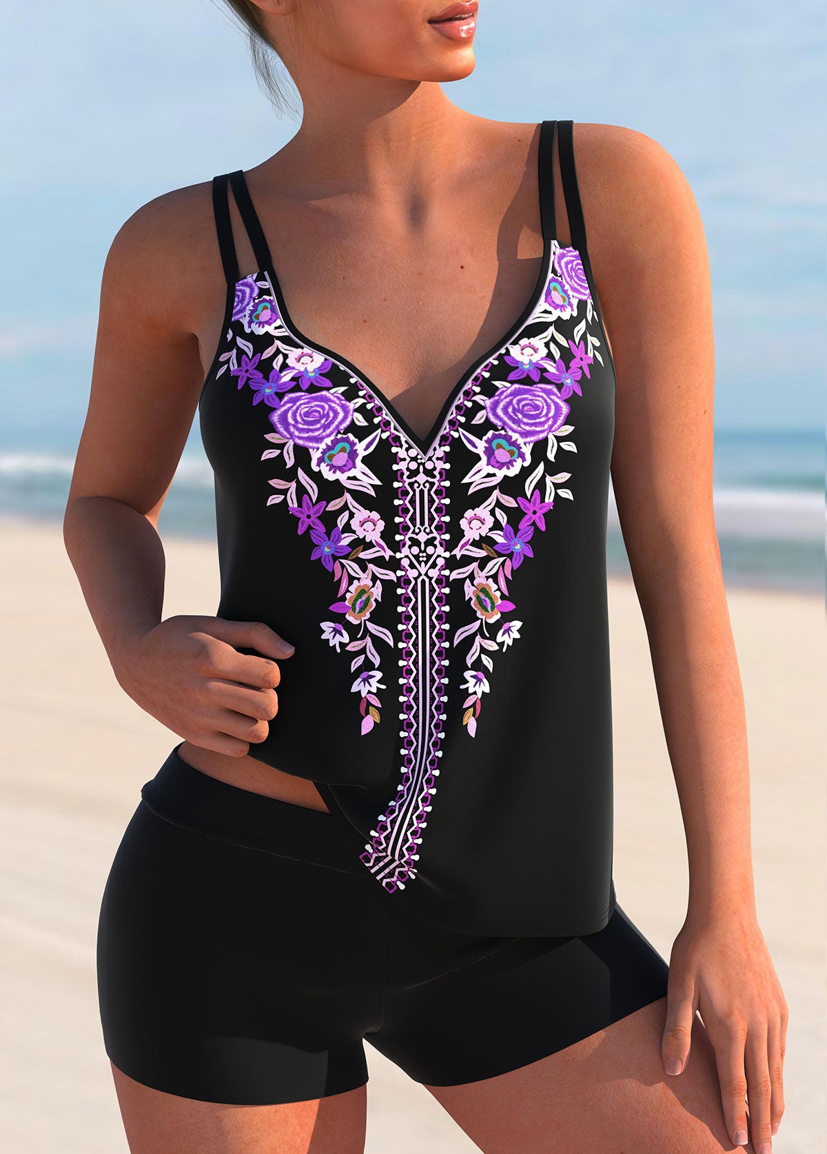 Multi Color Double Straps Tribal Print Tankini Top