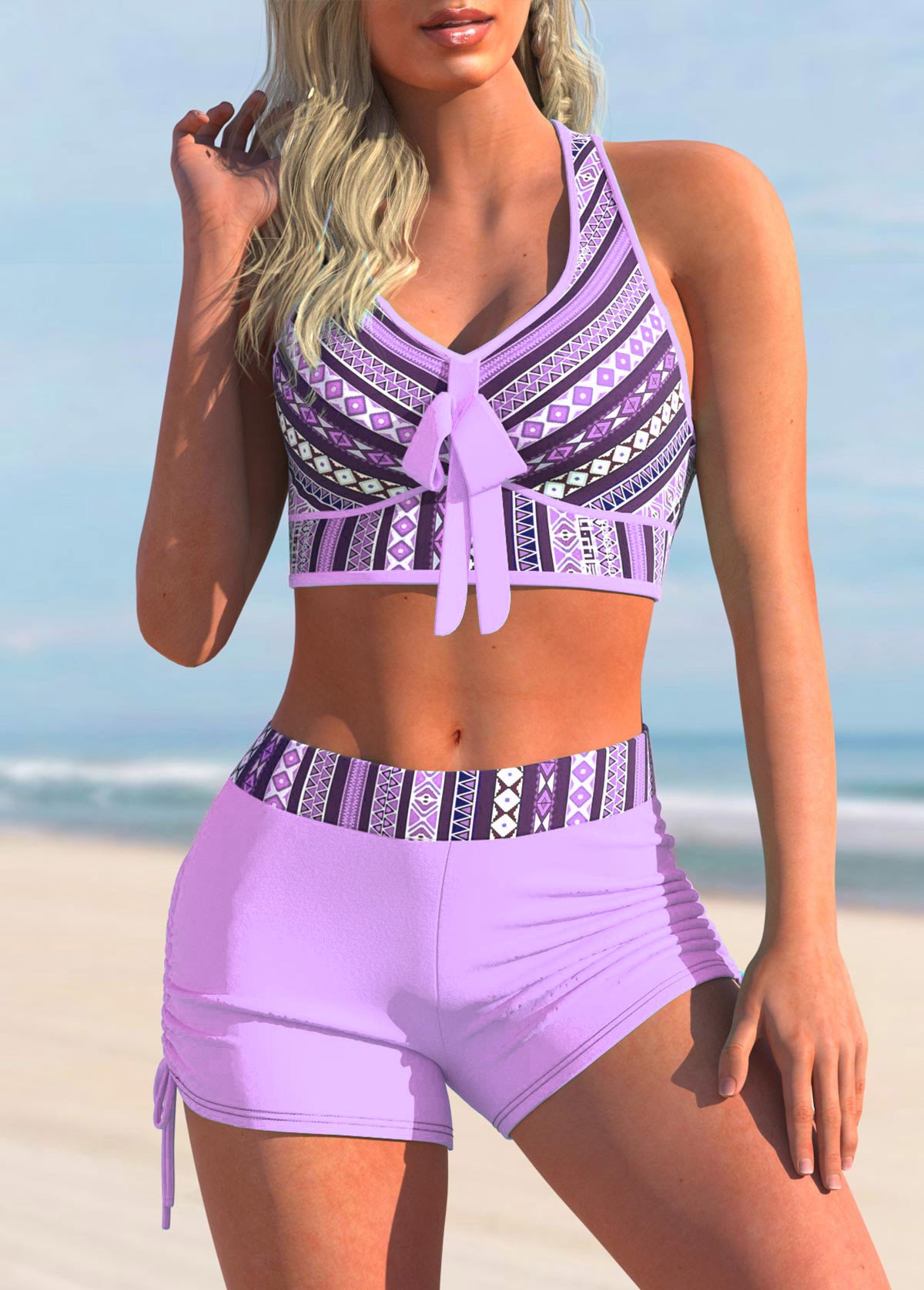 Tribal Print Striped Mid Waist Bikini Set