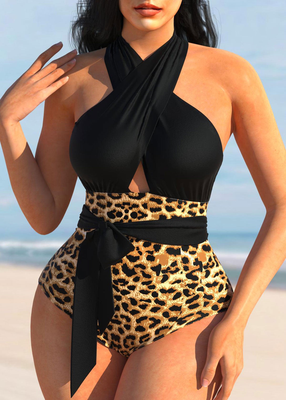 Cross Halter Leopard Black One Piece Swimwear