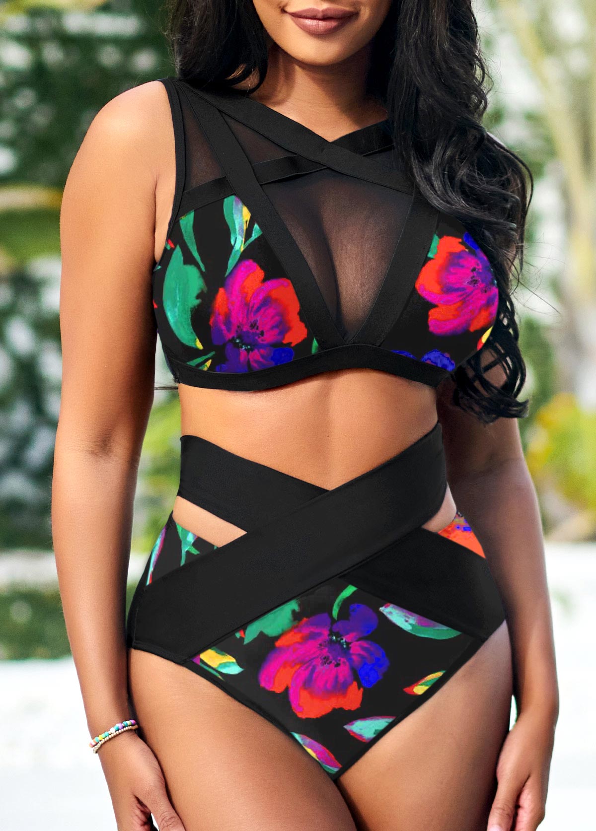 Mesh Stitching Black High Waisted Bikini Set