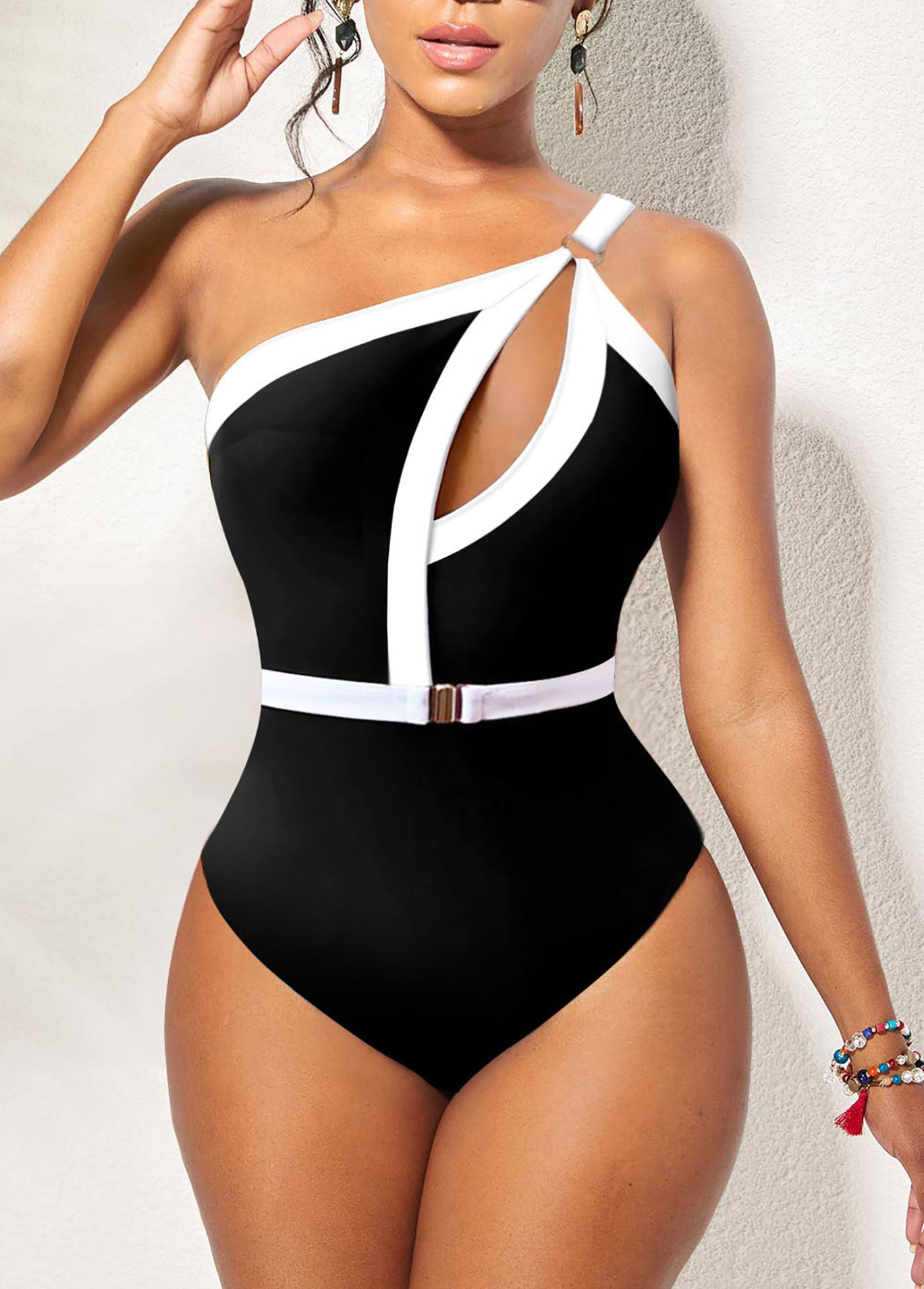 Cutout White Contrast One Piece Swimwear