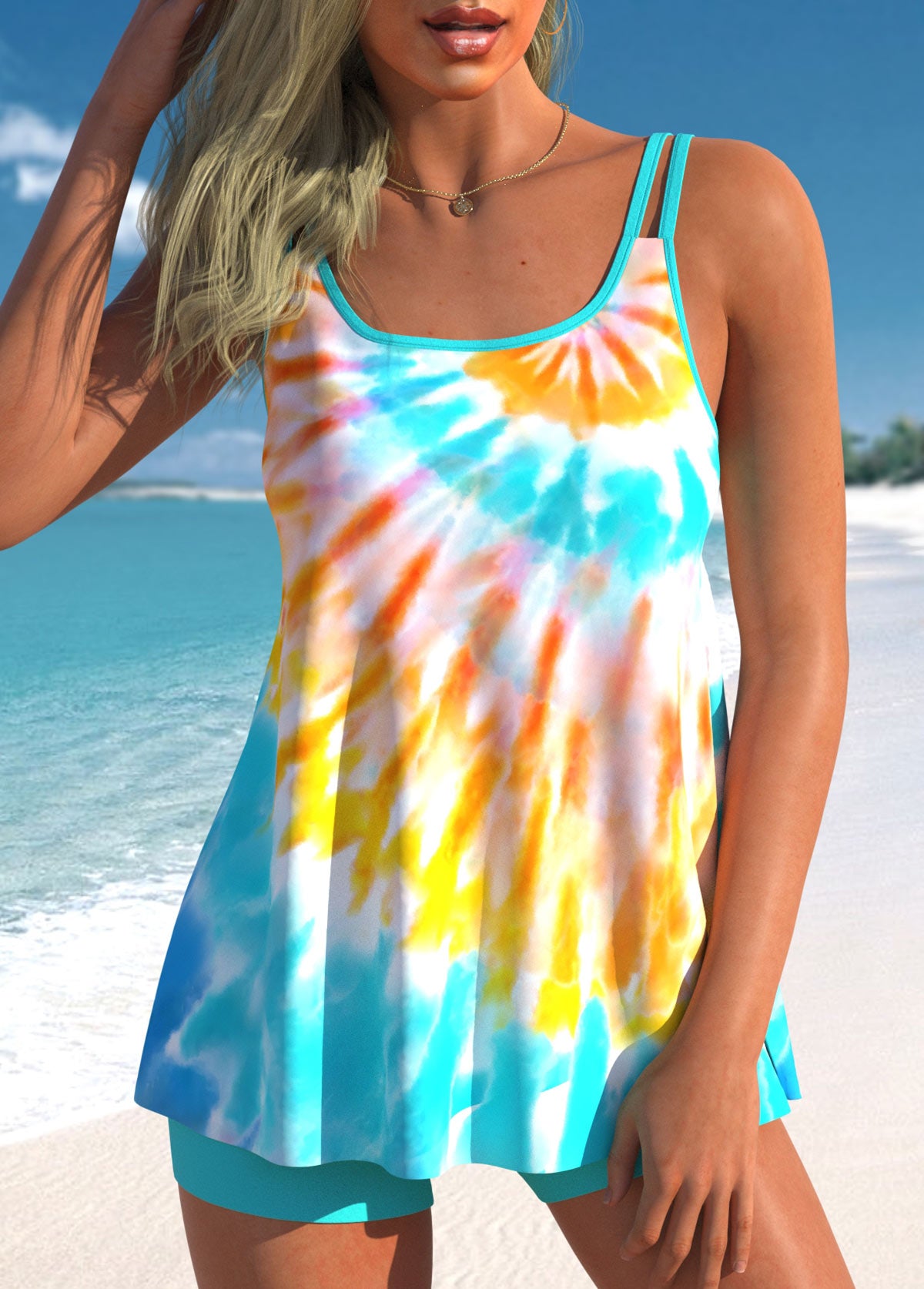 Tie Dye Print Ombre Cyan Swimdress and Shorts