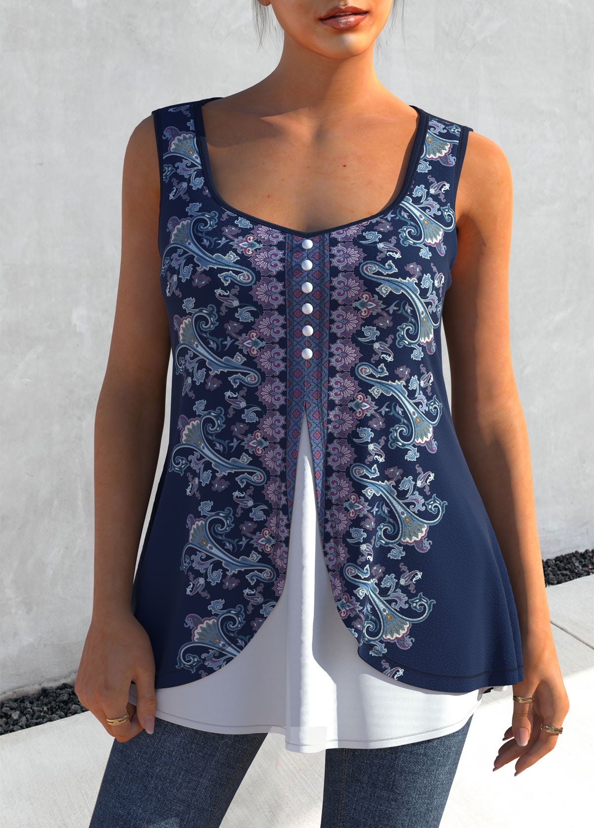 Tribal Print Navy Blue Faux Two Piece Tank Top