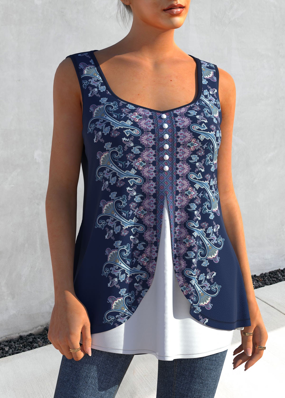 Tribal Print Navy Blue Faux Two Piece Tank Top