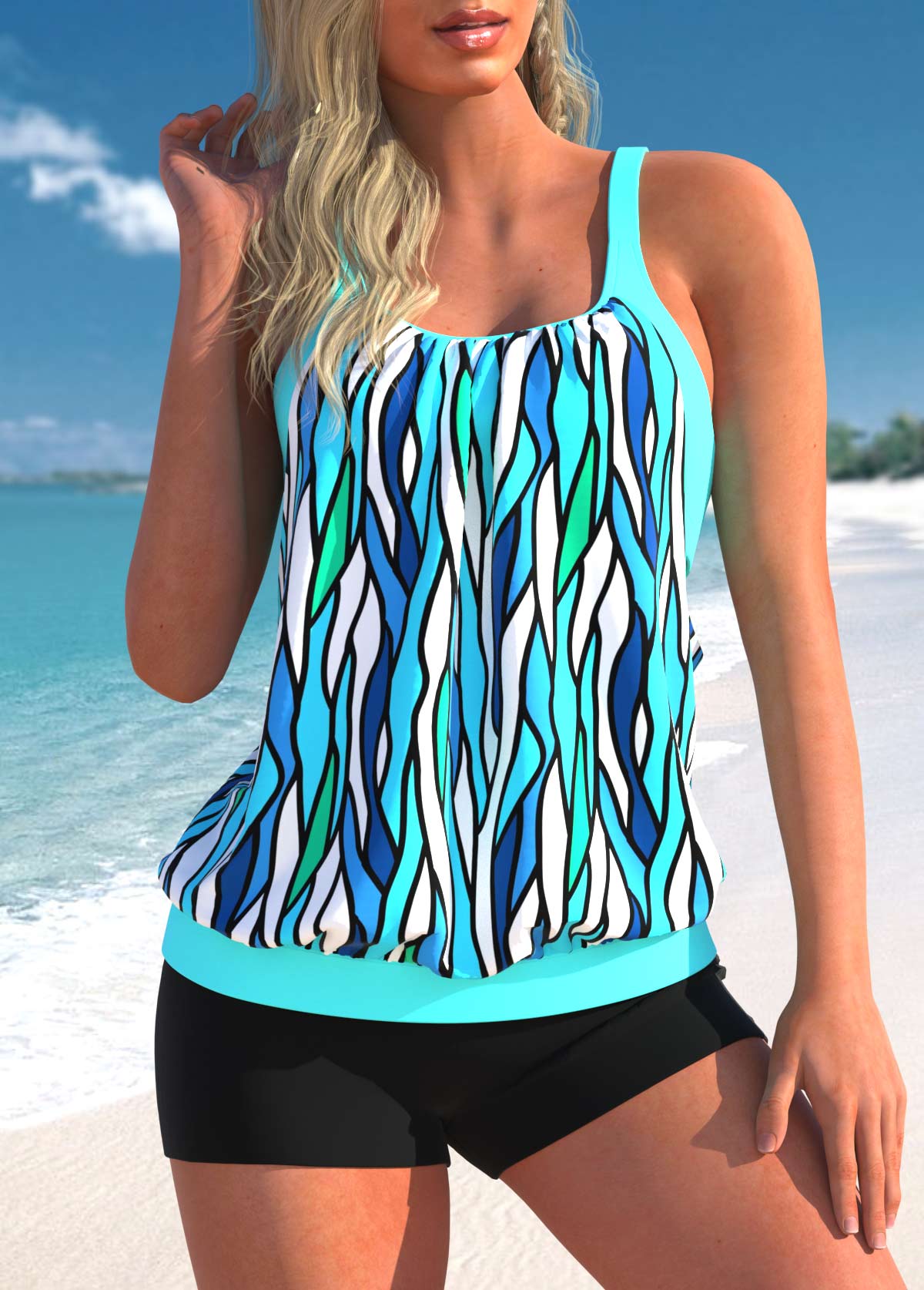 Sky Blue Wide Strap Striped Cutout Tankini Set