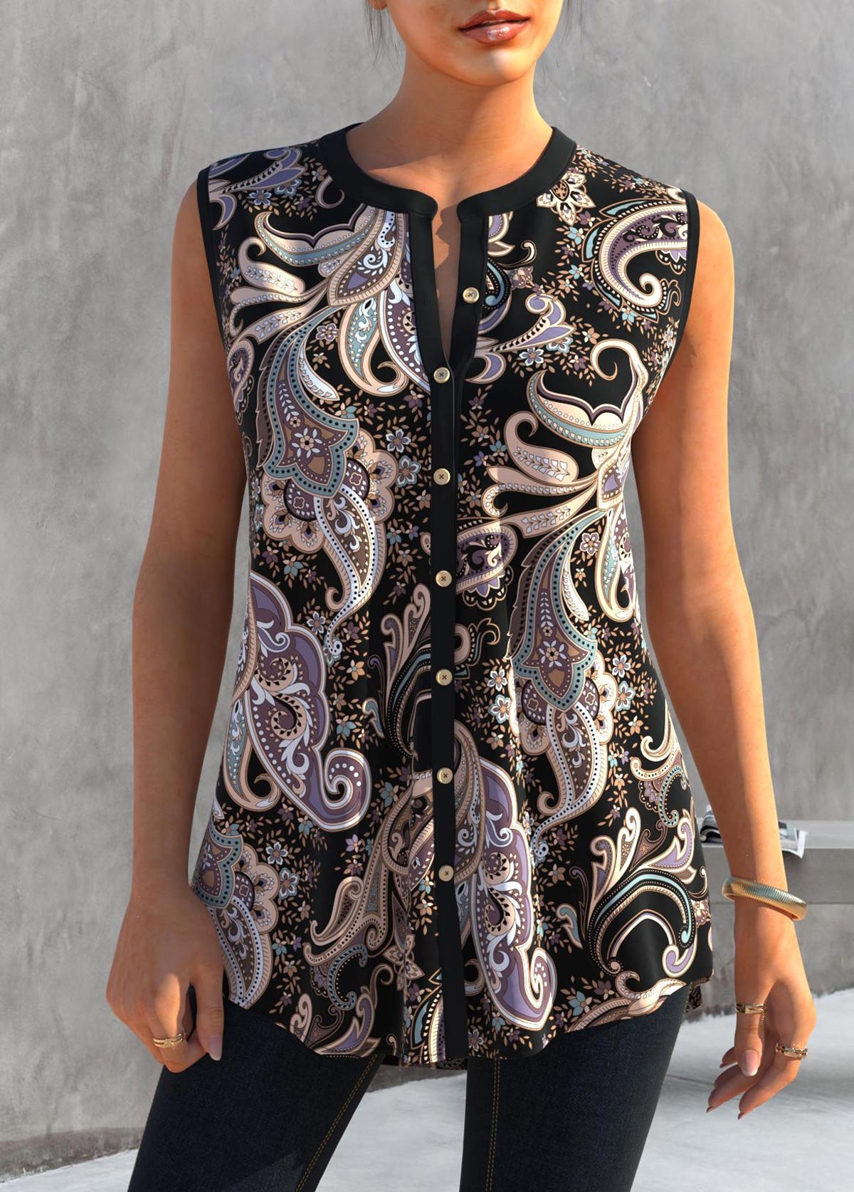 Paisley Print Split Neck Black Tank Top