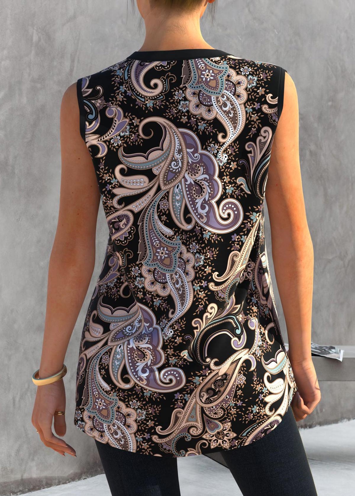 Paisley Print Split Neck Black Tank Top