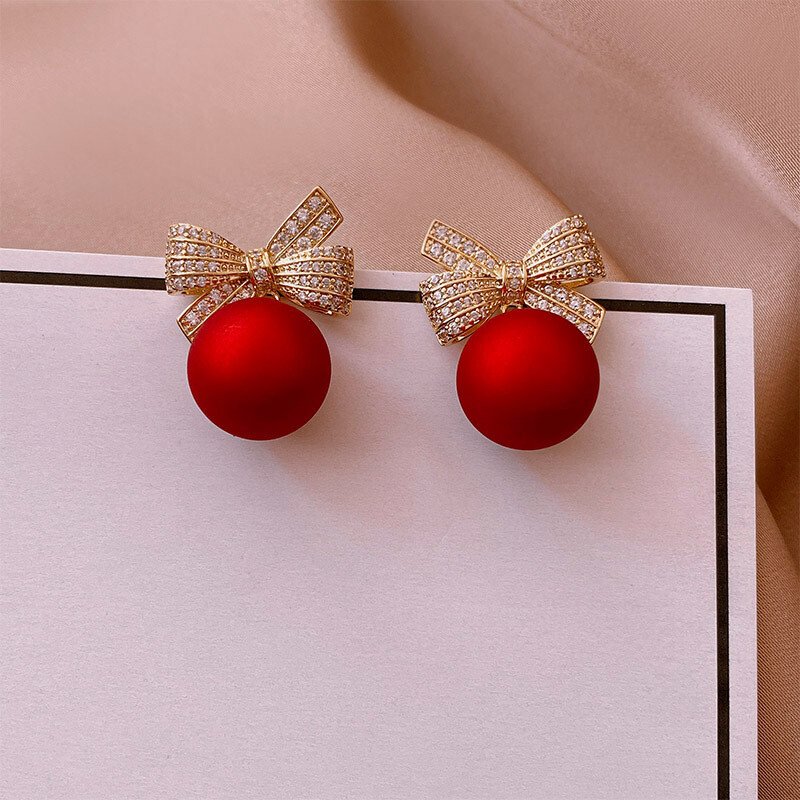 Bow red pearl earrings