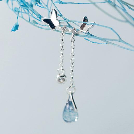 925 Sterling Silver Blue Water Drop Butterfly Earrings