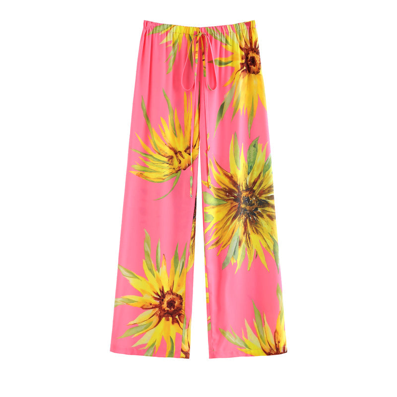 Printed Side Slit Chiffon Beach Cover Up and Elastic Waist Pants