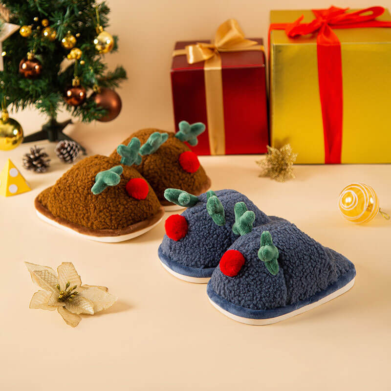 Cute Cartoon Wide Version Three-dimensional Christmas Deer Children's Home Warm Slippers