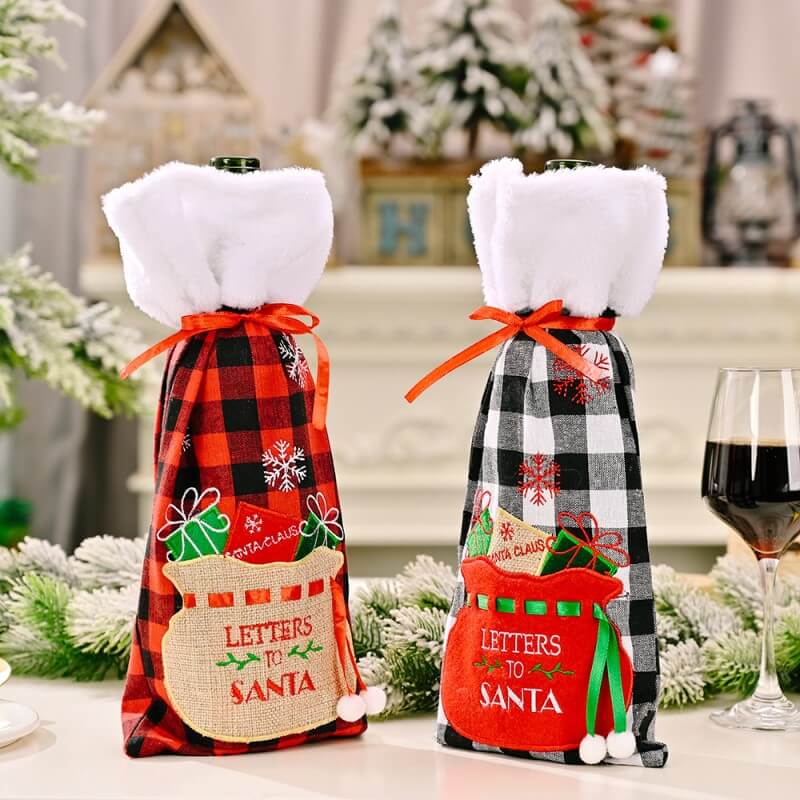 Red and Black Lattice Snowflake Embroidery Christmas Wine Bottle Cover