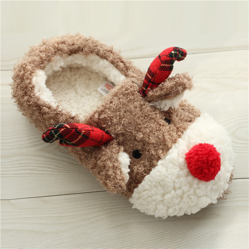 Women's Lovely Fluffy Cartoon Reindeer Christmas Slipper Winter Warm Slipper Indoor Slipper