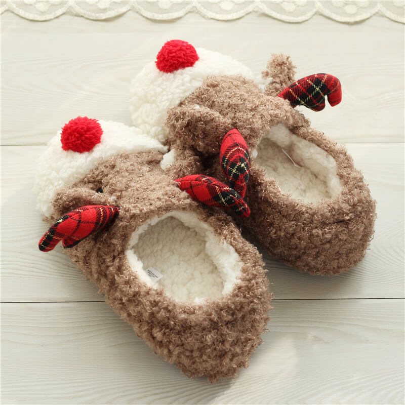 Women's Lovely Fluffy Cartoon Reindeer Christmas Slipper Winter Warm Slipper Indoor Slipper