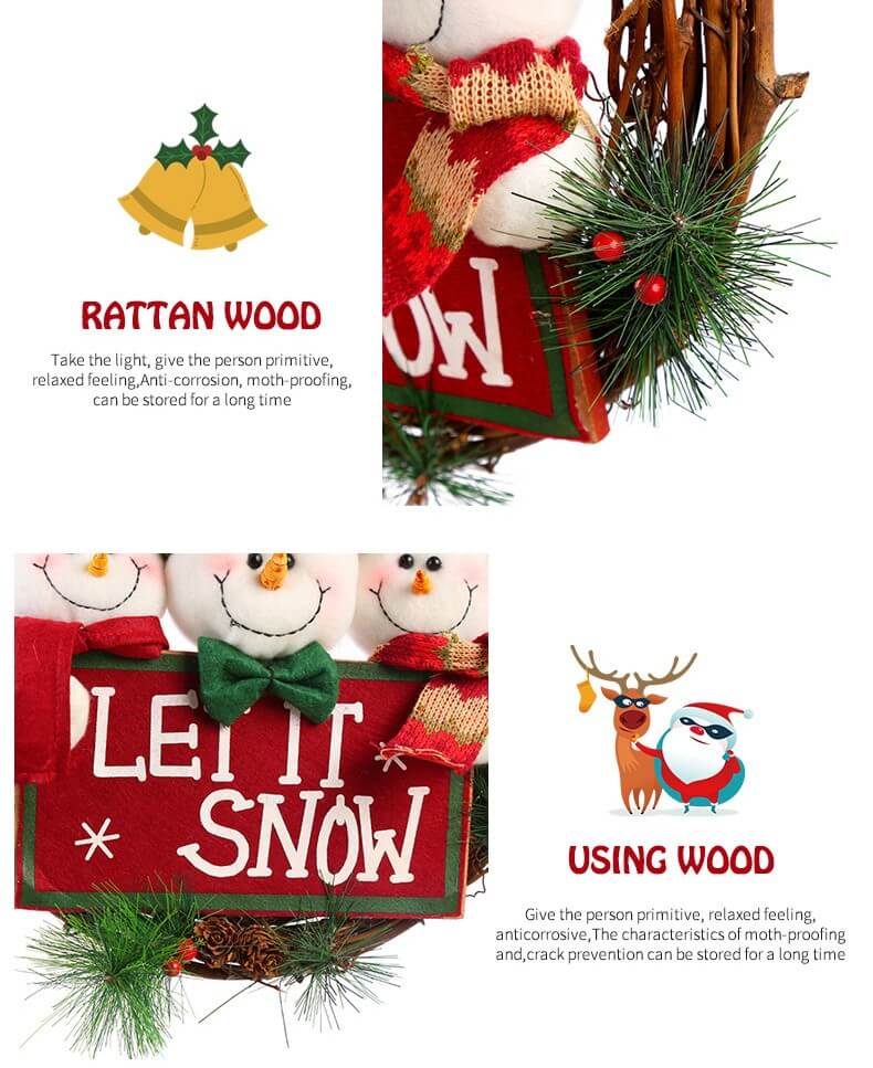 Christmas Rattan Hanging Wreath Christmas Wreaths for Front Door Santa Snowman Deer Christmas Wreath