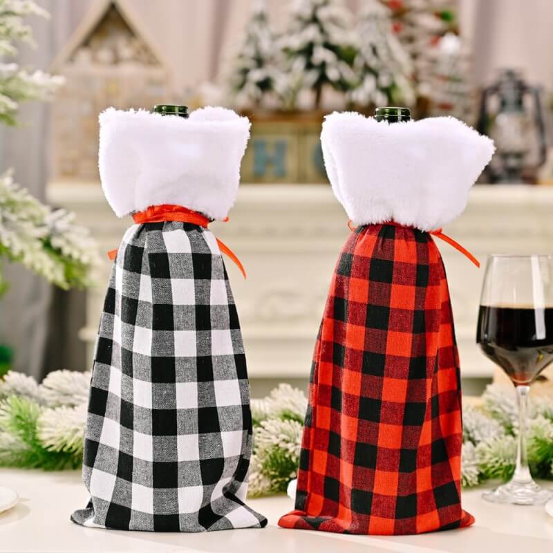 Red and Black Lattice Snowflake Embroidery Christmas Wine Bottle Cover