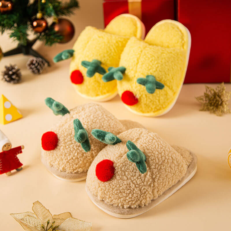 Cute Cartoon Wide Version Three-dimensional Christmas Deer Children's Home Warm Slippers