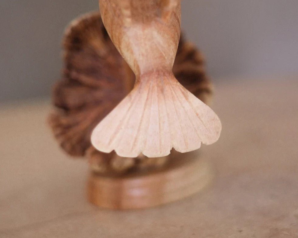 Wooden Hummingbird Feeding on a Flower, Handmade Sculpture