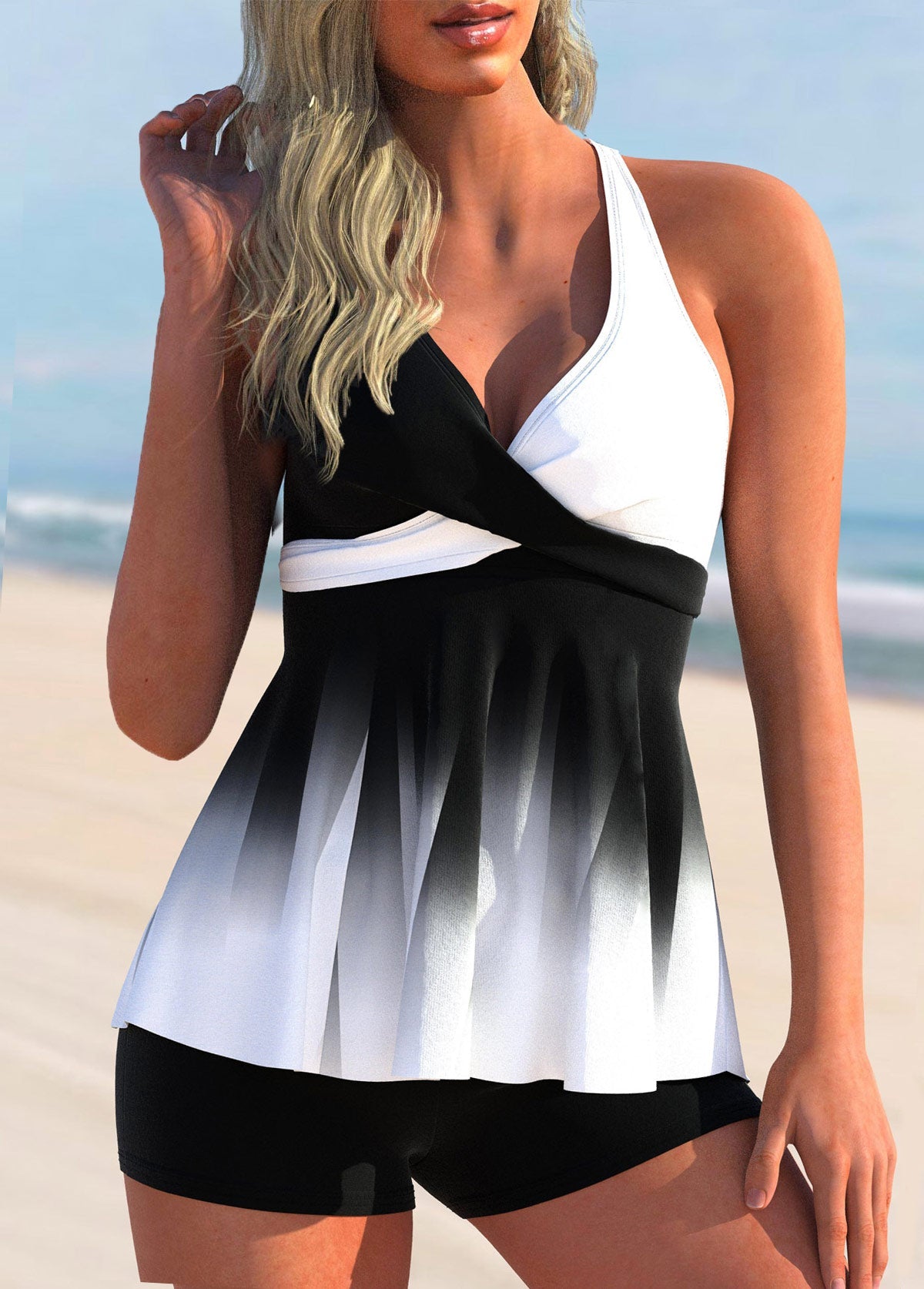 Ombre Color Block Cross Front Tankini Top