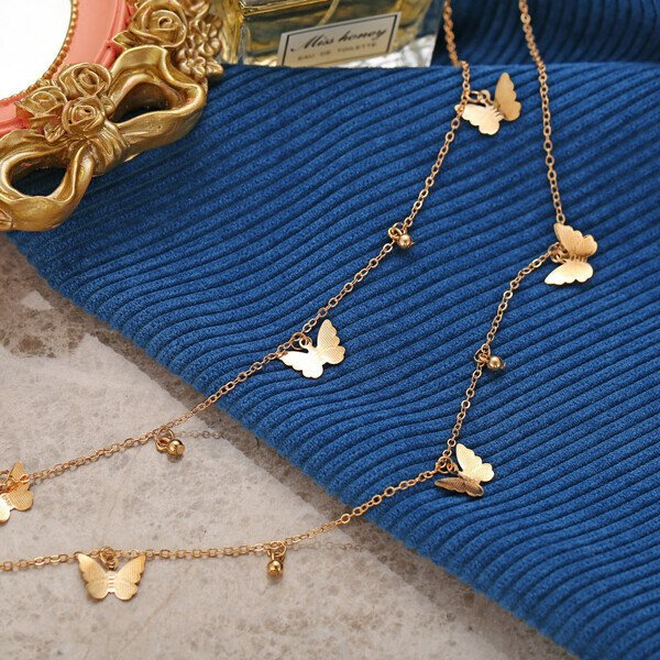 18K Gold Butterfly Choker Double Layer Necklace.