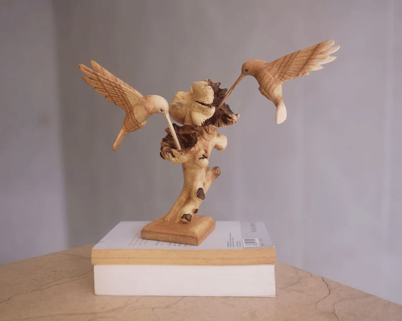 Wooden Hummingbird Feeding on a Flower, Handmade Sculpture