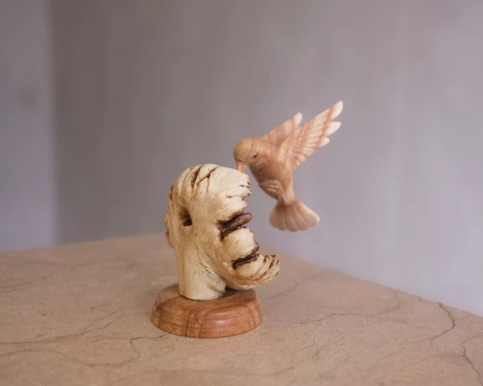 Wooden Hummingbird Feeding on a Flower, Handmade Sculpture